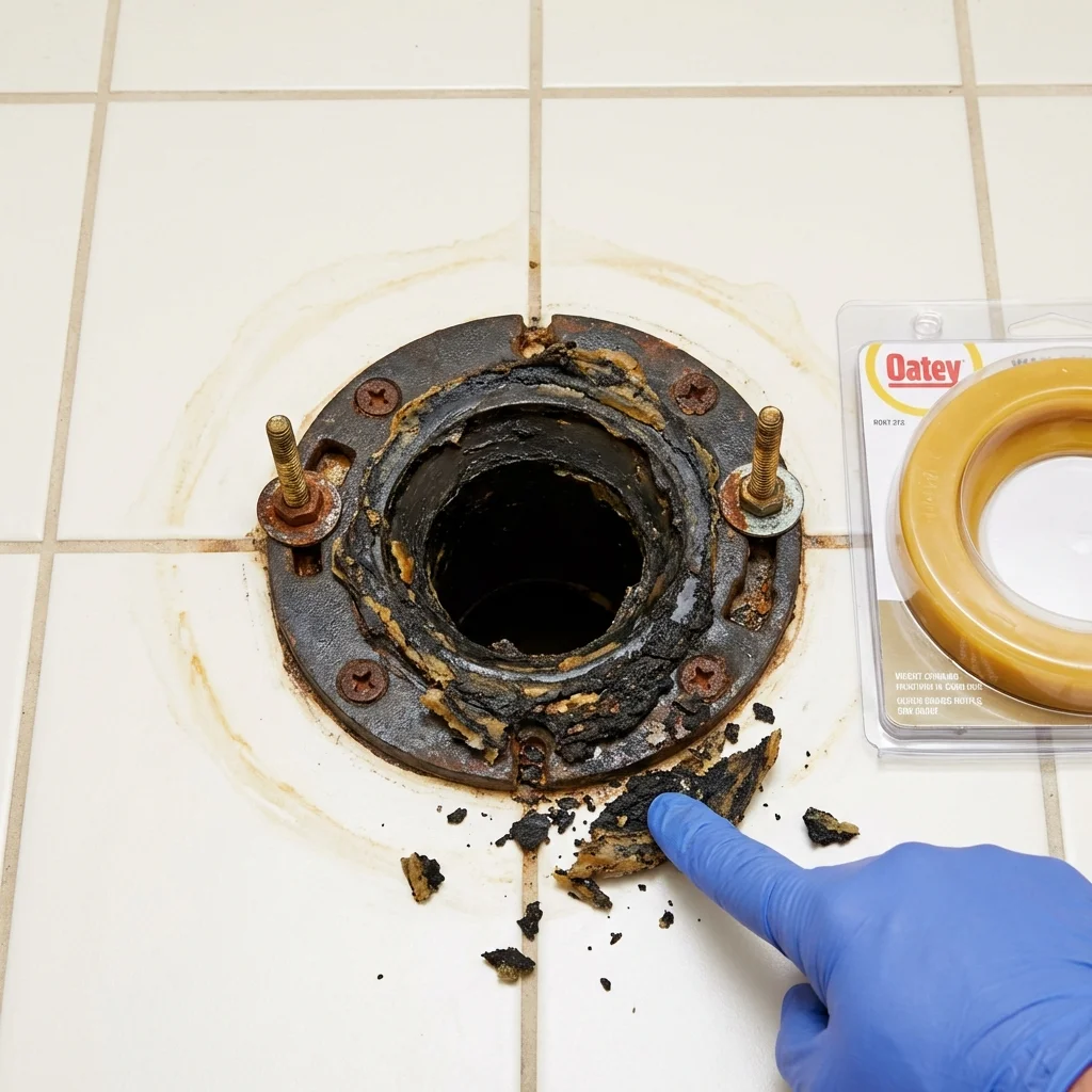 Failed wax ring showing water seepage at the base of a toilet in a Collinsville, IL home
