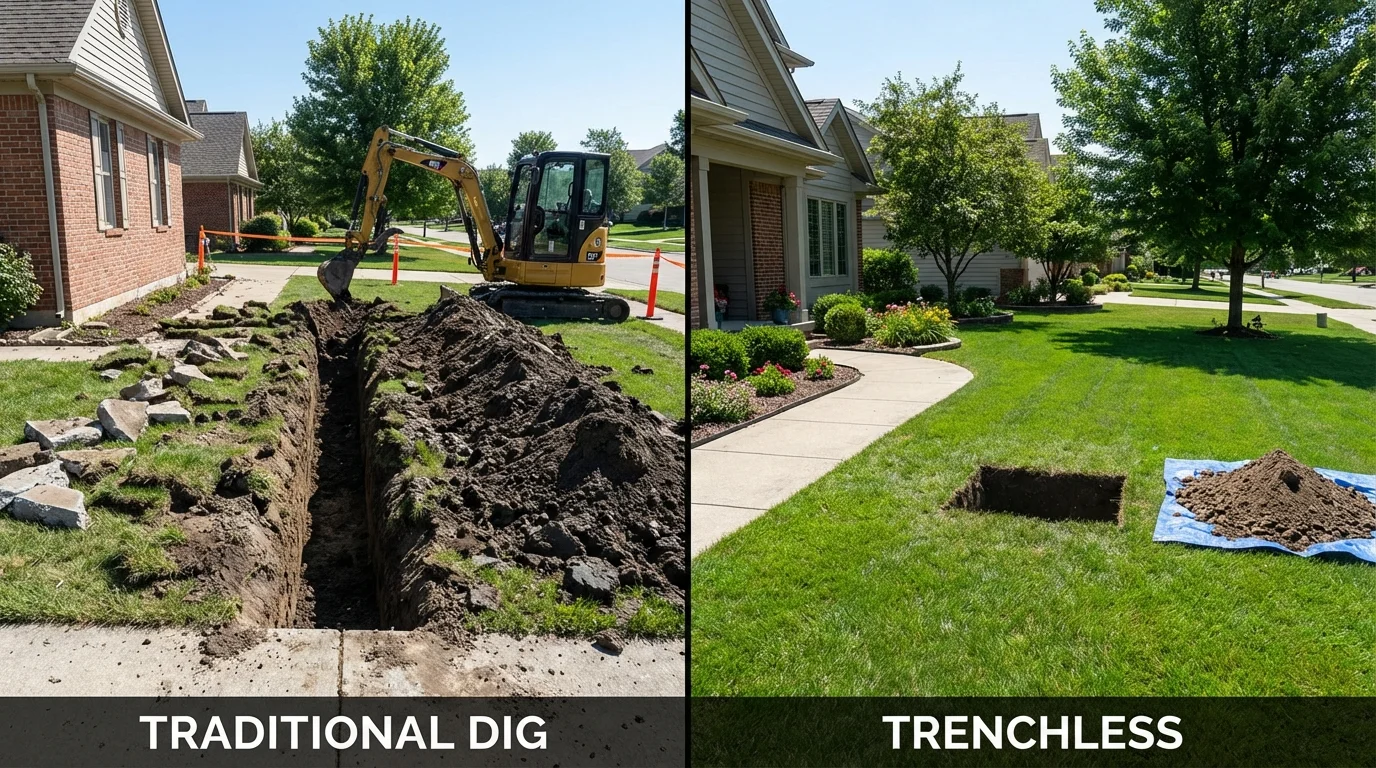 Trenchless sewer repair with minimal yard damage versus traditional excavation in Collinsville, IL