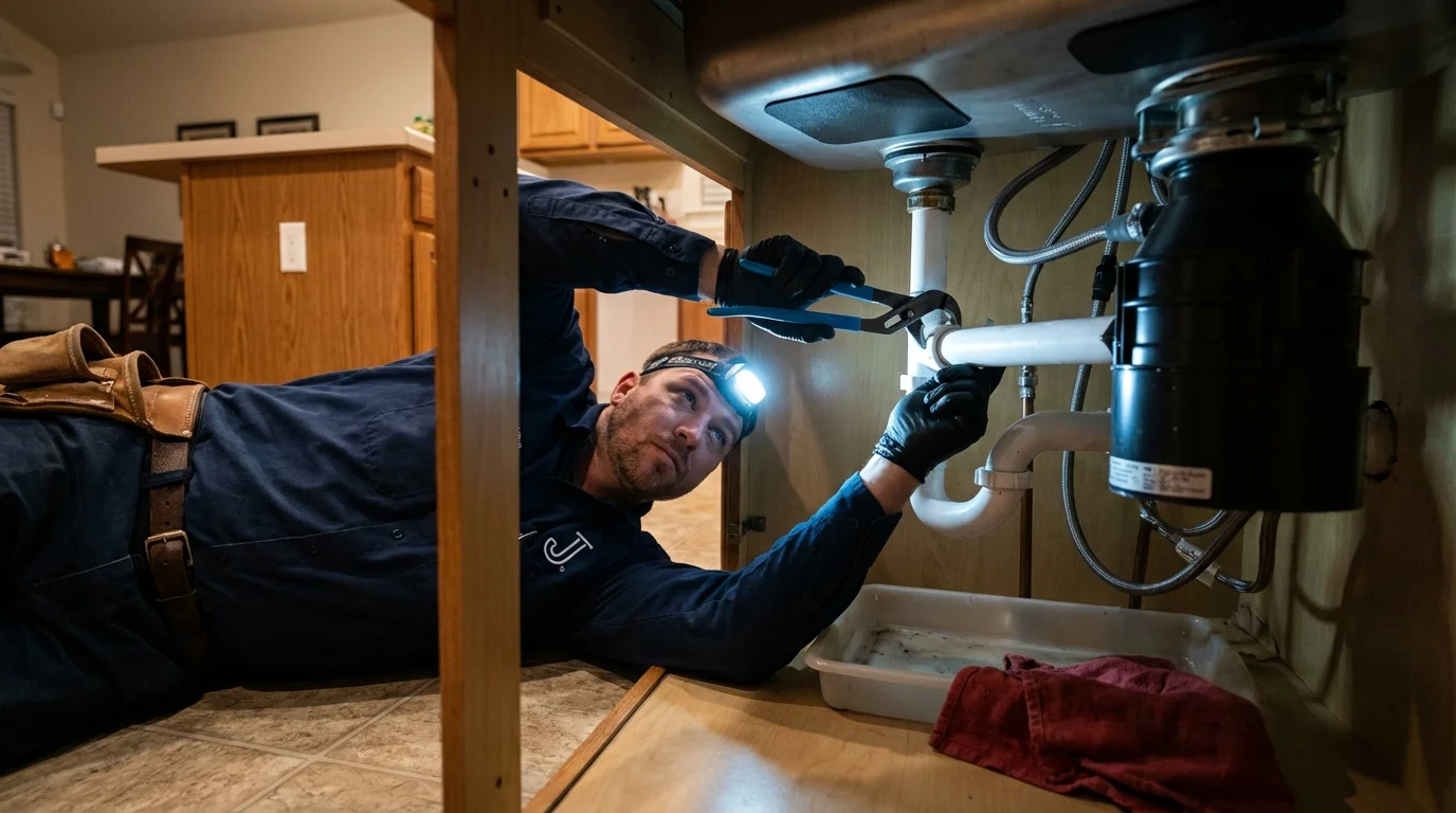 P-trap and supply line connections under a kitchen sink showing a common leak point in Collinsville, IL
